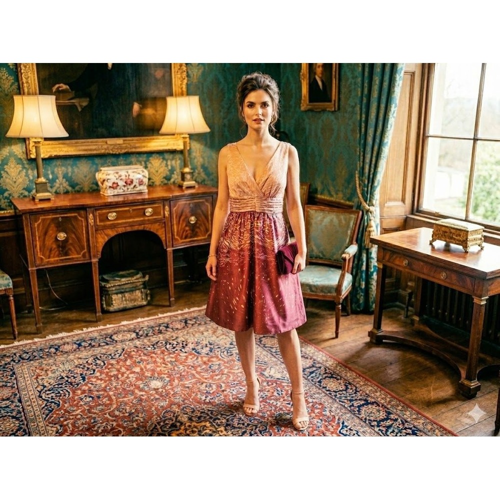 ROMY Ombre Animal Print V-Neck Satin‎ Cocktail Dress Burgundy Pink Small